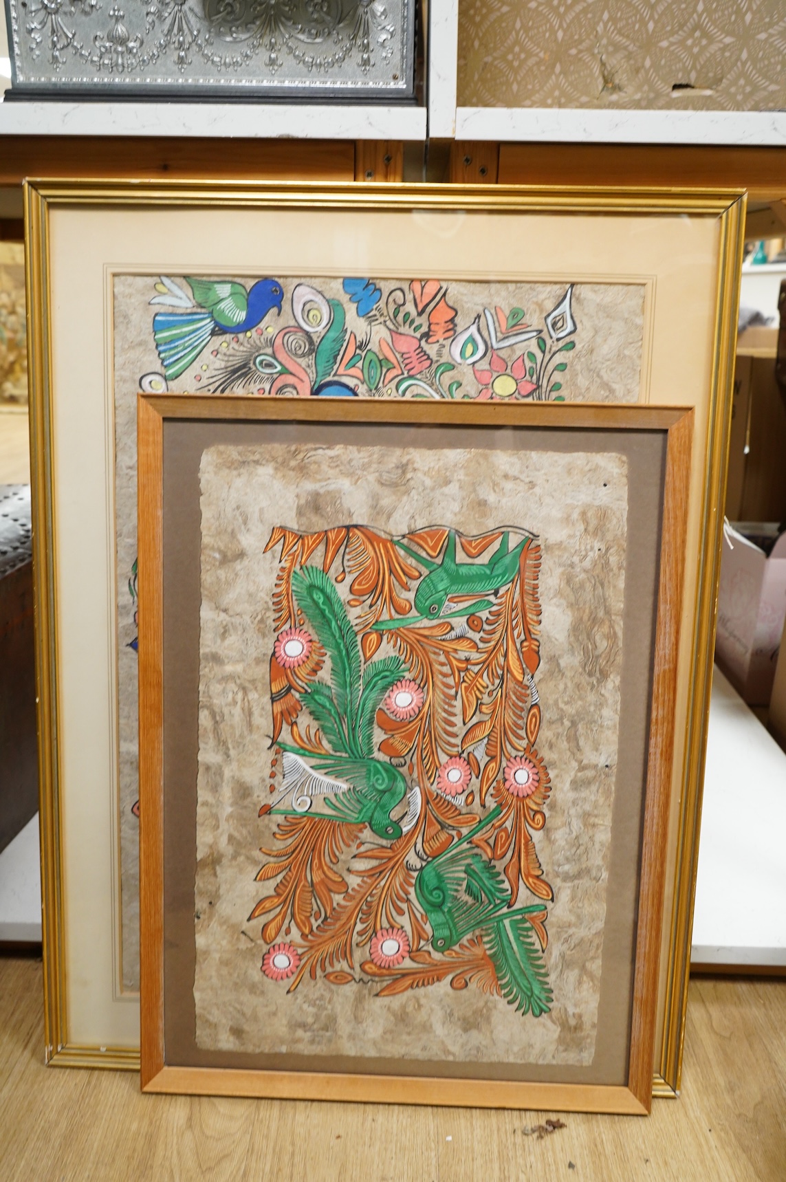 A collection of six Far Eastern decorative studies depicting exotic birds amongst flowers and blossom, gouaches, largest 70 x 49cm